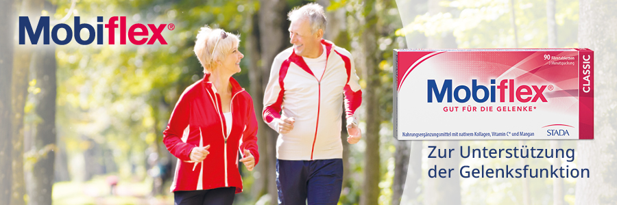 Mobiflex Classic-Packung. Älteres Paar läuft. Text: Zur Unterstützung der Gelenkfunktion. STADA.